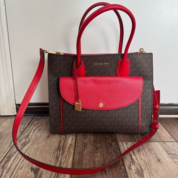Michael Kors Red and Brown Large Mercer Tote - Picture 1 of 7